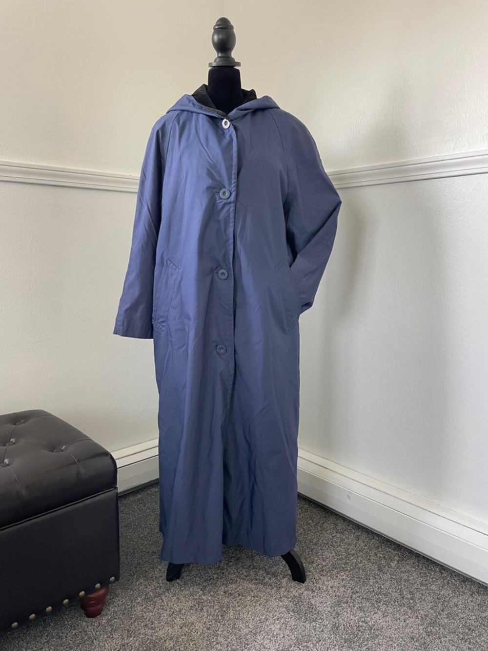 Kristen Blake Long Hooded Trench Coat in Dusty Blue